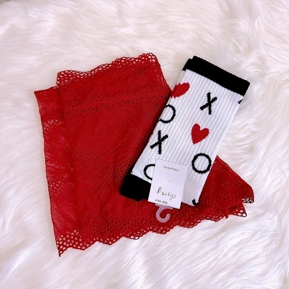 BUNDLE - BootayBag Red Flower Boyshort Panties Size Small + White XOXO Socks